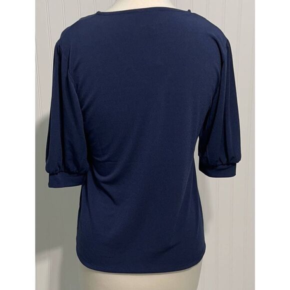 JM Collection Puff Sleeve V-neck Blouse Top Short Sleeve Intrepid Blue Small - Picture 5 of 10